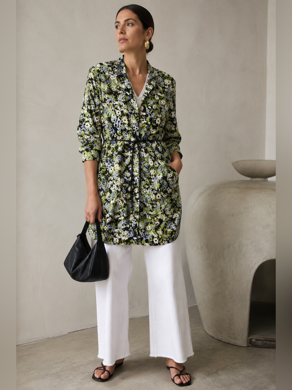 MARC CAIN Floral Lightweight Utility Jacket | N3 | Stretch Longline Tie Waist